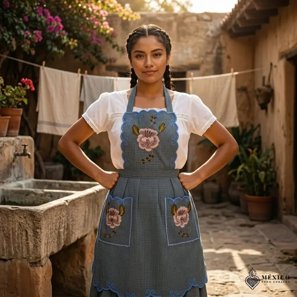 Mexican Embroidered Bib Apron for Women – Multicolor with Floral Design